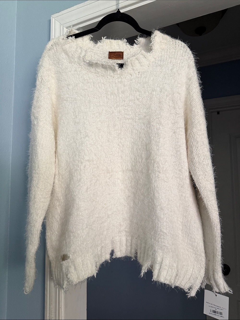 Women's Destroyed Cream Fuzzy Crewneck Sweater by POL